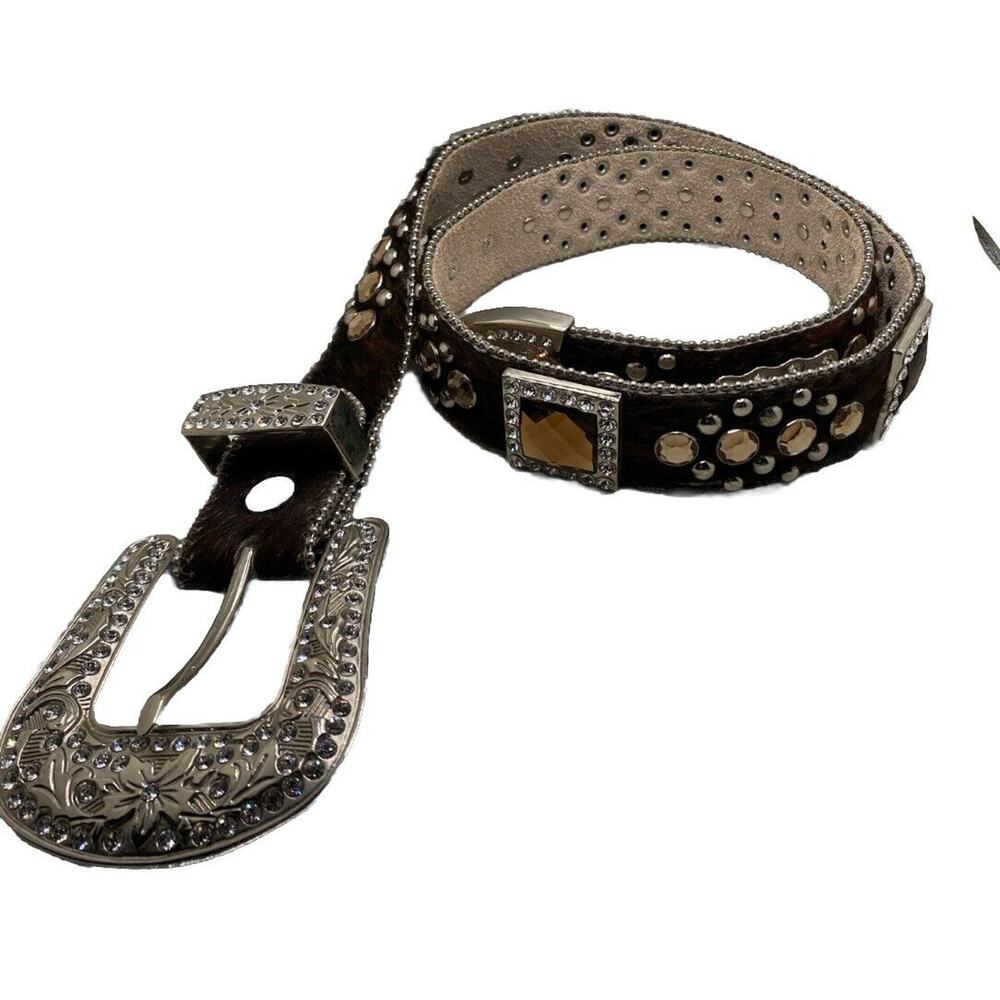 BHW Womens M Belt Leather Faux Cow Fur Rhinestone Western Cowgirl Bling Studded